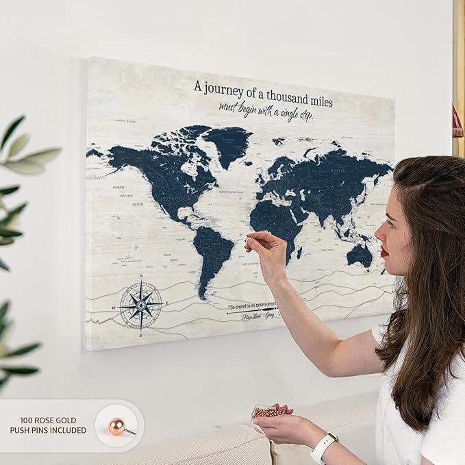 ElephantStock - A Journey I Push Pin World Map Wall Art - Horizontal Canvas Wall Art - Living Room Wall Decor - Digital Art Map Canvas Art - Blue And Beige Decor - 36" x 24"