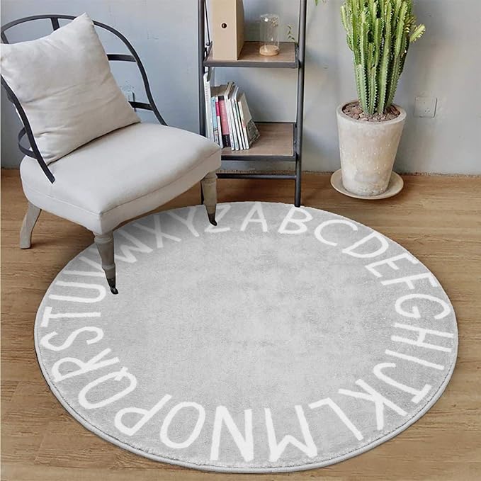 Topotdor Round Kids Play Rug Alphabet Nursery Area Rug Extra Large Soft Crawling Play Mat for Children Toddlers Bedroom (63 inch, Grey)