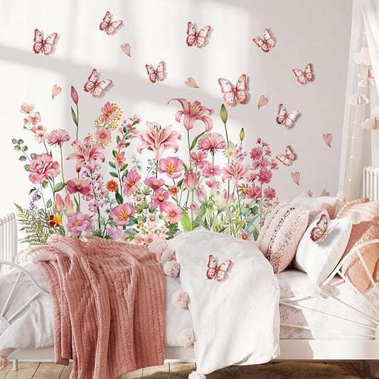 Wildflower Flower Wall Stickers Daisy Lily Wall Decals Butterfly Pink Floral Wall Decor for Girls Bedroom Baby Nursery Kids Room Wall Decor