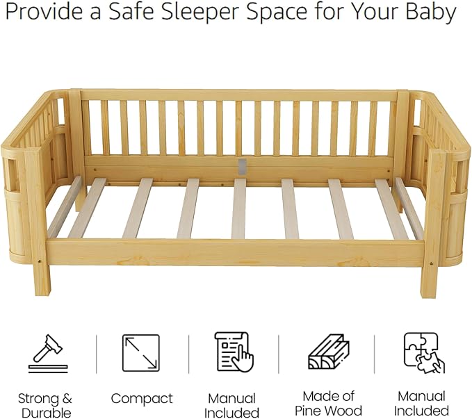 Twin Bed Frames Kids with Rails, Wood Montessori Twin Bed with Slats Support, Modern Low to Ground with Removable Bed Rails for Girls Boys Bedroom Living Room, Natural