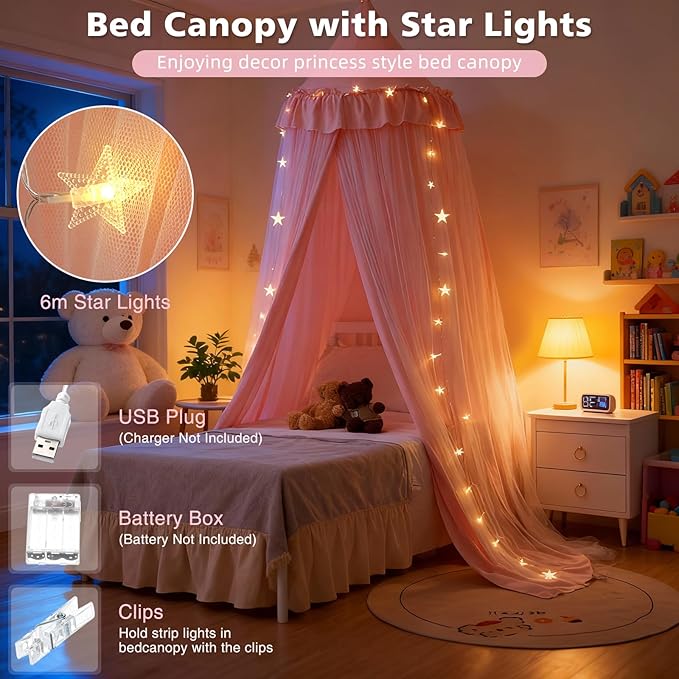 Bed Canopy with Star Lights, Double Layer Bed Canopy for Girls, Princess Canopy Bed Curtain for Twin Bed, Breathable Kids Dreamy Play Tent Room Castle Reading Nook, Machine Washable, 26''x125'' - Pink
