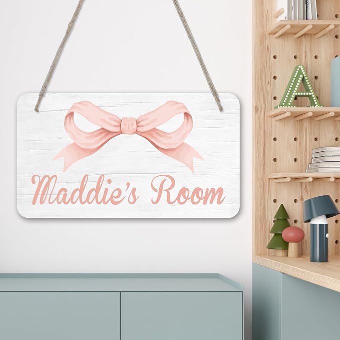 Personalized Rose Pink Bow Kids Room Door Sign Custom Name Girls Boys Bedroom Decor Toddler Baby Nursery Wood Art Wall Plaque 12x6 Inches