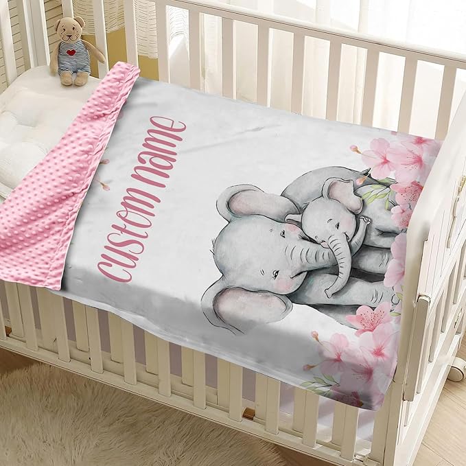 Personalized Baby Blankets for Girls, Custom Name Pink Flower Elephant Pattern Baby Blanket, Soft Receiving Blanket for Newborns and Toddlers, Ideal for Baby Showers and Nursery Decor