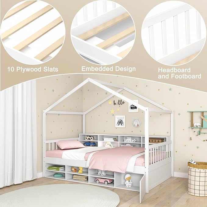 KOMFOTT Twin Size Wood House Bed with Storage Shelves, Wooden Platform Bed Frame with Storage Cabinet, Headboard & Footboard, House Bed with Wood Slats Support, No Box Spring Needed (White)