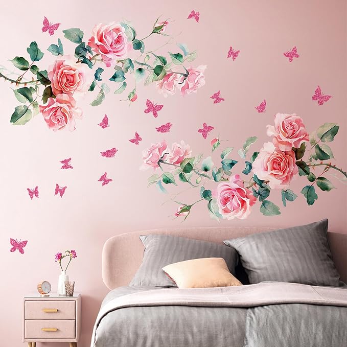 2Sheets Removable Pink Rose Vine Flowers Decals Green Leaves Decals DIY Pink Butterfly Wall Decal Self-Adhesive Wall Art Decor for Girls Room Living Room Bedroom TV Backdrop Decor