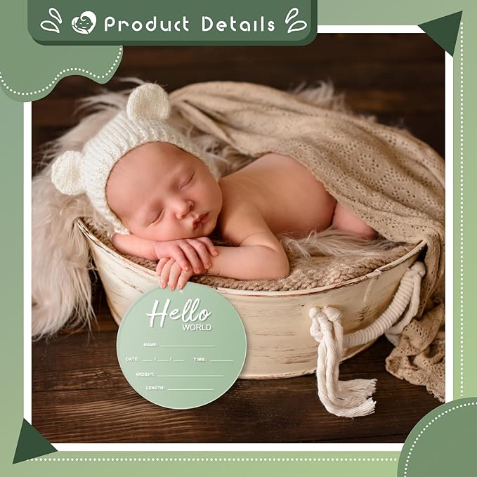 Baby Announcement Sign, 6.7 Inch Hello World Newborn Sign, Thickness Upgrade Birth Announcement Sign for Hospital, Nursery Baby Shower (Green)