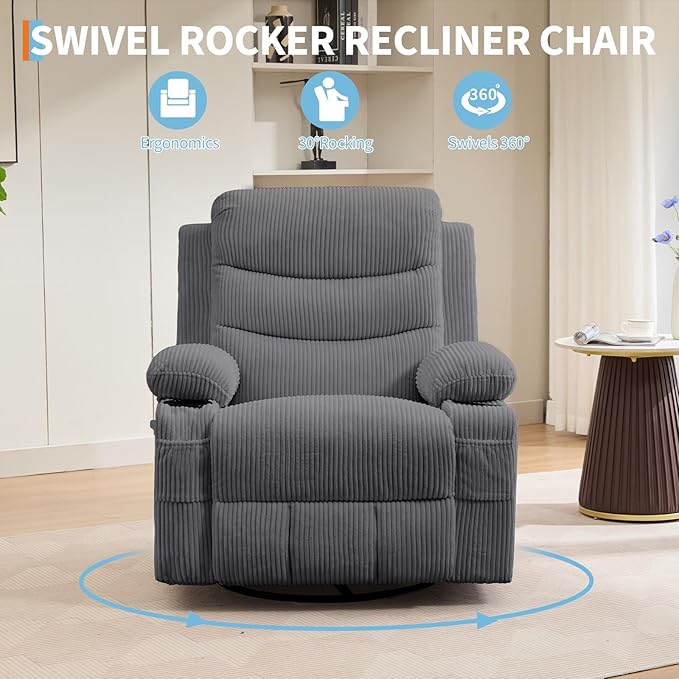 Recliner Chair Nursery, Oversized Manual Reclining Rocking Chair, 360 Swivel Glider with Cup Holder, Massage and Heat Recliner, Indoor Small Single Sofa Chairs for Adults, RV, Bedroom, Corduroy Gray