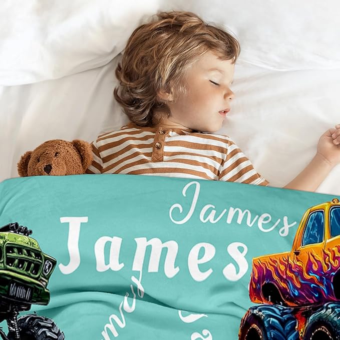 Ship Next Day, Personalized Truck Blanket - Printed in USA, Custom Name Blankets for Kids with Big Off Road Auto Vehicle Graphic, Home Bedding Decor, Fun Birthday Gift for Boys&Girls Women Man