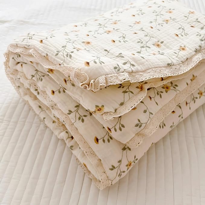 BuLuTu Muslin Toddler Quilt Cute Baby Comforter for Crib, Soft Lightweight Muslin Blankets for Girls Boys, Wildflower Pattern, 47"x59"