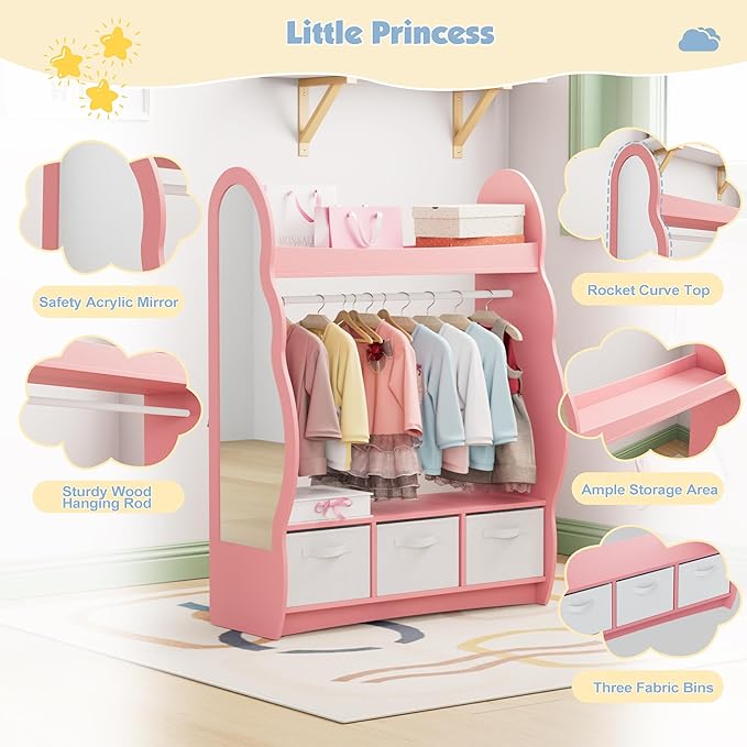 Kids Dress Up Storage Rack Mirror Wood Child Wardrobe 2 Hooks 2 Fabric Bins Toddler Closet Girls Boys Open Hanging Armoire Storage Shelf Coat Costume Hat Shoe (Cloud+Pink+Three Drawers)