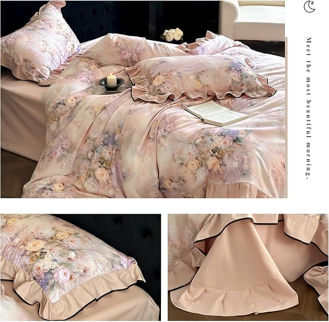 HighBuy French Ruffle Duvet Cover Queen Size,Brushed Cotton Soft Pink Floral Chic Cottagecore Bedding Set Breathable for Hot Sleepers,Durable Comforter Cover Set - 1 Duvet Cover 2 Pillowcases