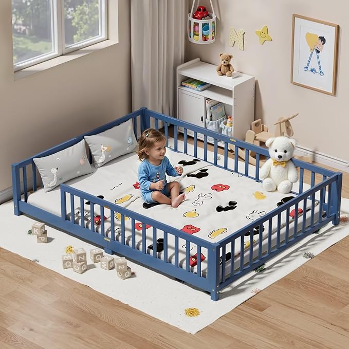 LLS Queen Floor Bed for Kids Toddlers, Solid Wood Multifunctional Montessori Bed Frame with Safety Guardrails, Without Door, Easy Assemble, Mist Blue