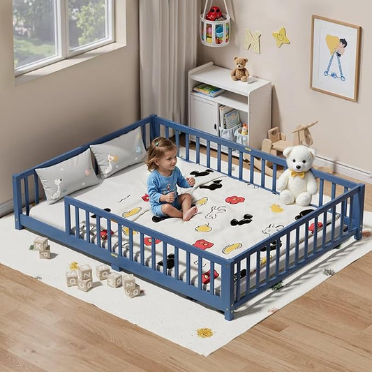 LLS Queen Floor Bed for Kids Toddlers, Solid Wood Multifunctional Montessori Bed Frame with Safety Guardrails, Without Door, Easy Assemble, Mist Blue