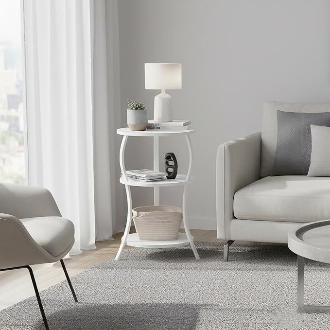 Vintage Small Round Side Table, 3-Tier Slim Waist Circular End Table with Storage Shelf, Compact Tea Sofa Table, Round Corner Coffee Table Nightstand for Living Room Bedroom Small Spaces,White