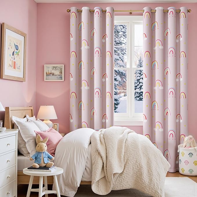 jinchan Nursery Blackout Curtains for Kids Room Rainbow Pink Curtains Cute Girls Bedroom Dorm Playroom Window Treatment Grommet Thermal Insulated Room Darkening 2 Panels 84 Inch Length
