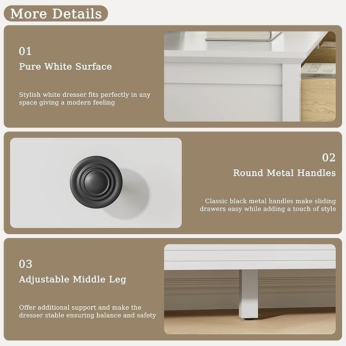 White Dresser for Bedoom, Modern Chest of Drawers, Wood 9 Drawer Dresser with Metal Handles, Modern Dressers & Chest of Drawers for Living Room, Hallway, Entryway