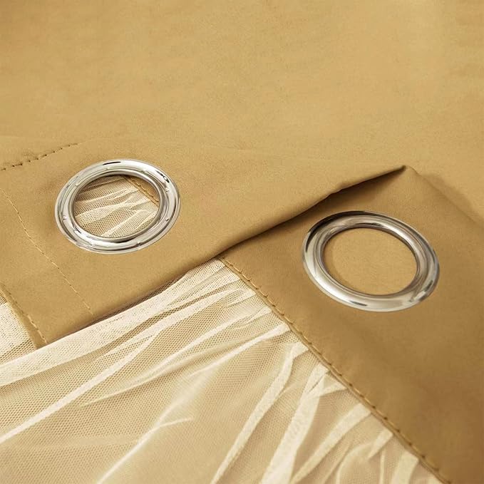 INLINAS Gold Blackout Curtains with Sheer Overlay - Grommet Top Thermal and Noise Reduction Panels for Bedroom and Living Room Light Blocking and Energy Saving, 52 x 72 Inches, Set of 2