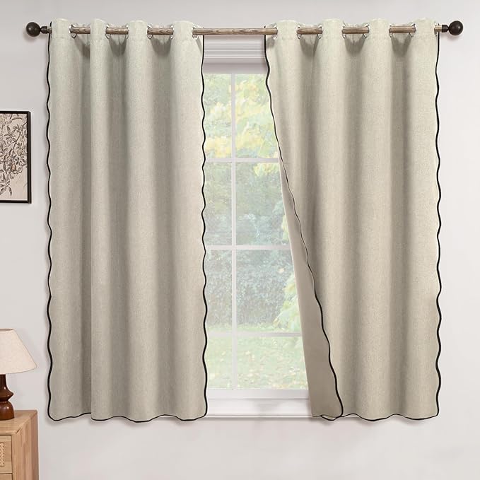 ColorBird Linen Blackout Curtains Scalloped Neutral 100% Black Out Winter Thermal Insulated Curtains & Drapes 63 Inch Long for Living Room Bedroom Dining Room Closet Window Treatment