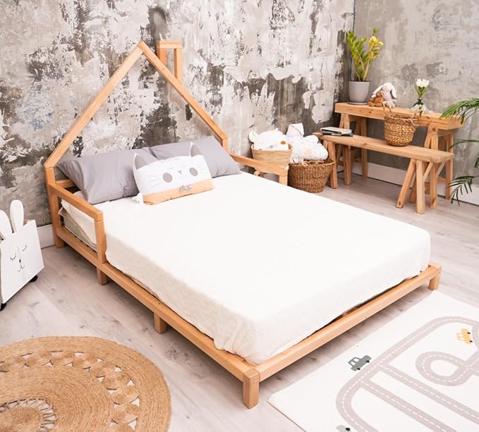 BUSY WOOD Montessori Bed for Toddlers - Twin Bed for Toddlers - Full Bed Floor - Bed with Rails - Montessori Bed - House Bed Frame - Montessori Full Size Bed Frame - Toddler Bed Queen (Model 3)