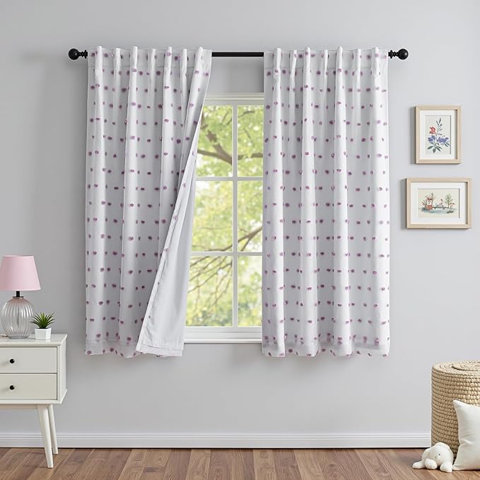 MYSKY HOME 100% Blackout Curtains for Girls Bedroom 54 Inch Long Purple Pom Pom Full Blackout Curtains for Kids Room 2 Panels Room Darkening Small Window Treatment Back Tab 2 Layered Drapes 52 Wide