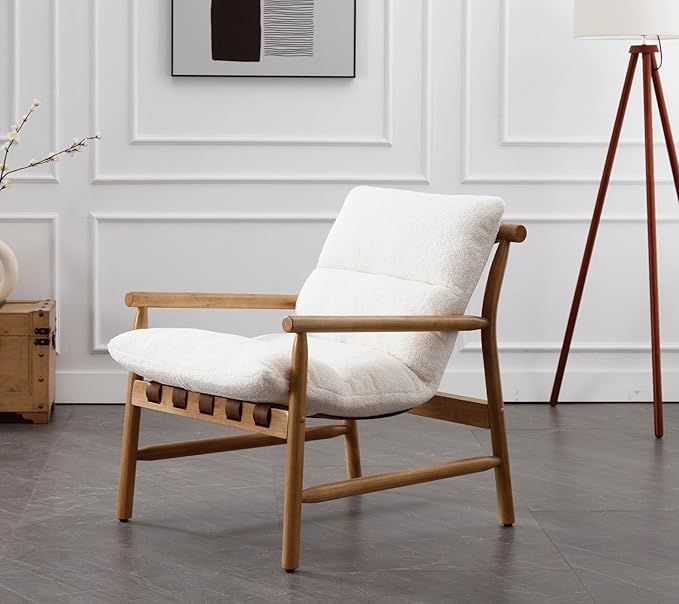 White Sherpa Accent Chair Mid Century Modern Living Room Chairs Comfy Arm Chair w/Solid Wood Legs Boucle Upholstered Lounge Side Chair for Bedroom/Reading/Sofa/Bedside