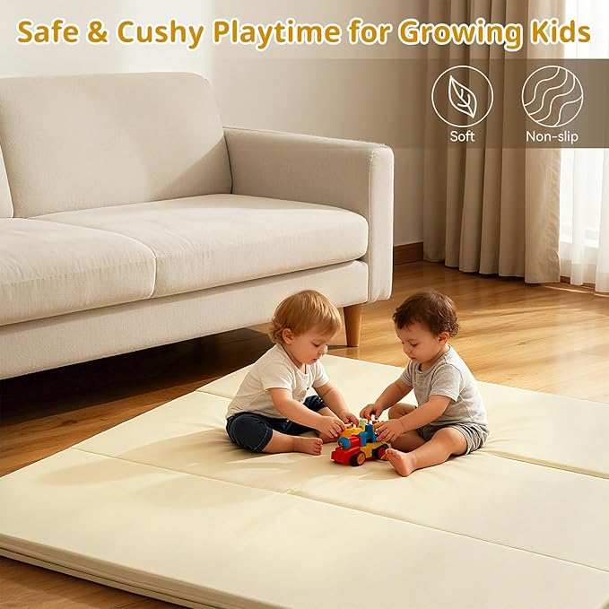 Baby Play Mat, 48 x 48 Inch Foldable PU Leather Waterproof Playpen Mat, 1.6" Extra Thick Foam Floor Mat for Infants and Toddlers, Non-slip Toddler Activity Playmat Cushion