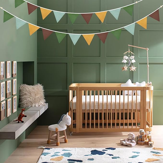 2 Sets of Yellow Green Brown Pennant Banner 24Pcs Nursery Garland Flags Fabric Triangle Streamers for Kids Jungle Safari Summer Woodland Camping Birthday Baby Shower Party Decorations Baby Room Decor