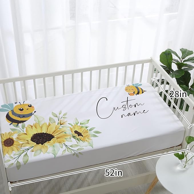 Custom Baby Crib Bedding Set,Personalized Name Yellow Bee Pattern Nursery Bed Set 4 Piece,Baby Blanket Fitted Sheet Nursery Rug Wall Art Set,Custom Room Decor Idea Gift for Newborns Boys Girls