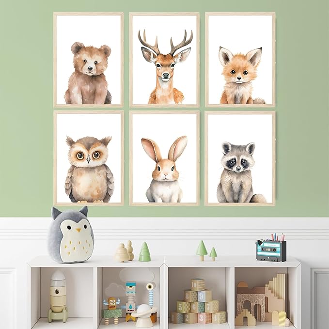6 Animal Wall Art for Kids Room, Baby Room, Woodland Animals, Cute Bear, Deer, Rabbit Poster Prints, Safari Themed Paintings for Boys Girls Room (12x16 Inch Posters)