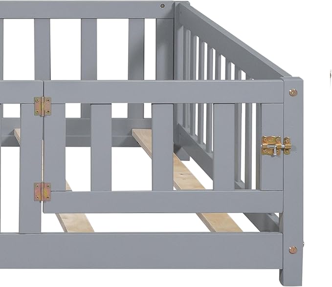 Full Size Floor Platform Bed with Fence and Lockable Door, Wood Montessori Bed Frame with Slat Support for Kids,Girls,Boys, Easy to Assemble,Grey