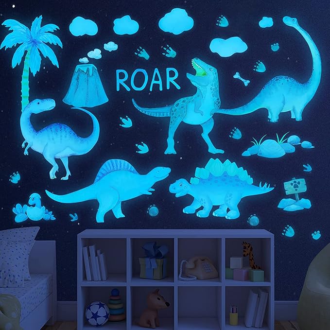 Sinekong Dinosaur Wall Decals Glow in The Dark Vinyl Watercolor Dinosaur Decal Large Removable Dino Wall Stickers for Boys Bedroom Kids Girls Baby Nursery Playroom Living Room Wall Decor