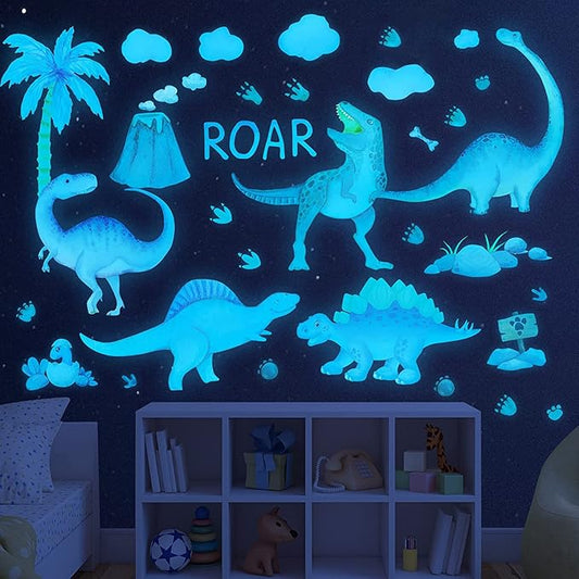 Sinekong Dinosaur Wall Decals Glow in The Dark Vinyl Watercolor Dinosaur Decal Large Removable Dino Wall Stickers for Boys Bedroom Kids Girls Baby Nursery Playroom Living Room Wall Decor