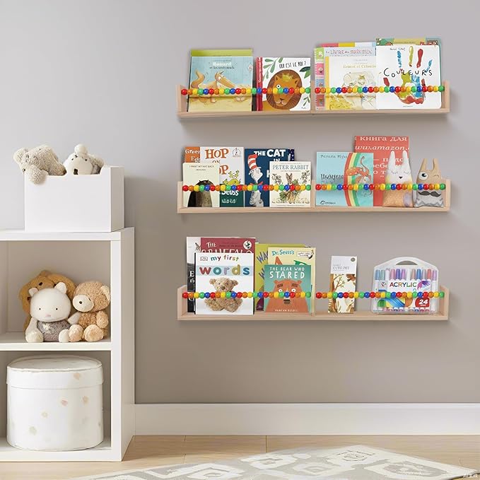 Nursery Book Shelves 32 inches Set of 3,Wall Bookshelves for Kids,Nursery Shelves for Bookshelf Wall,Book Shelf Organizer for Kids(Five-Color Beads)