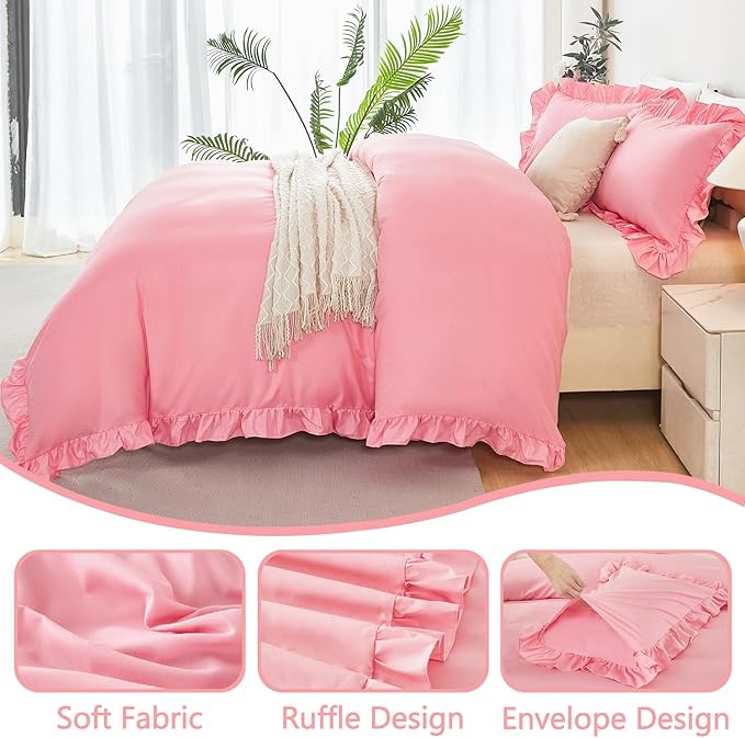 Queen Size Kids Duvet Cover Sets 3 Pieces Ruffle Bedding Cover Set Cute Pink Comforter Covers for Girls Soft Lightweight Ruffled Bed Cover for Bedroom Decor(Pink, Queen)