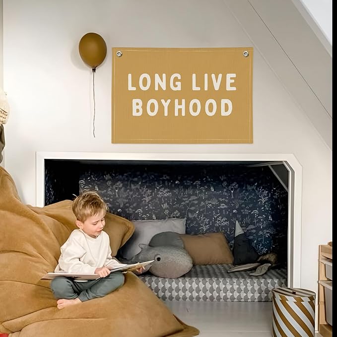 Long Live Boyhood Banner, Boy Nursery Decor, Canvas Banner Wall Hanging Banner Flag Decor for Nursery Playroom Toddler Room, Boys Kids Room Decor (Yellow)