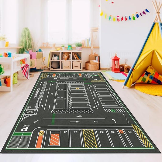 Tinideya Kids Carpet Playmat Rug Player Car Rug, 5x7 ft Traffic Map Mat Educational Game Area for Toddler Children Playroom Classroom Bedroom (Parking, Green)