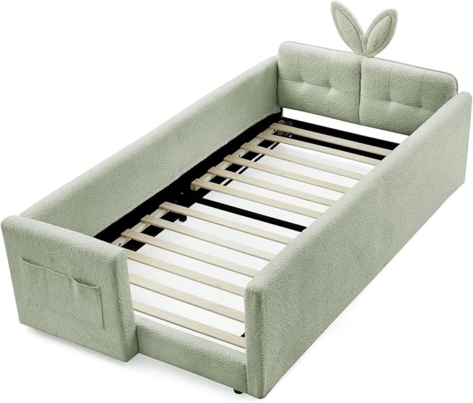 DEINPPA Twin Size Platform Bed Frame with Rabbit Ear Shaped Headboard and Pocket, Boucle Upholstered Bed Frame with Guardrail for Children Kids Boys Girls-Green