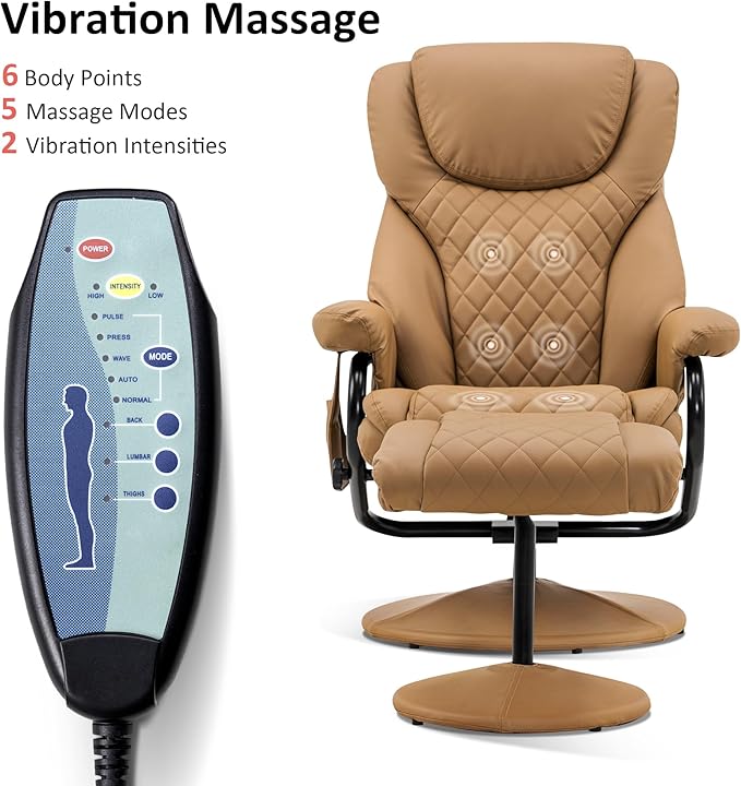 MCombo Recliner with Ottoman, Reclining Chair with Massage, 360 Swivel Living Room Chair Faux Leather, 4901 (Cognac)