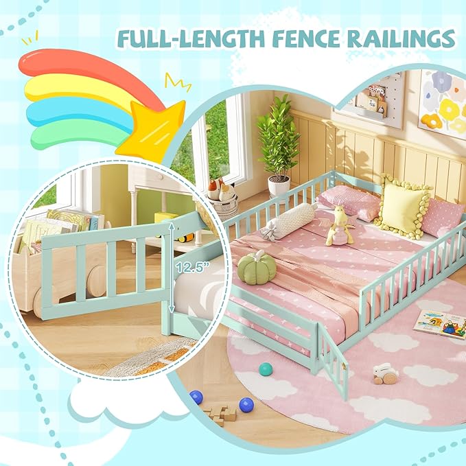 Giantex Full Floor Bed with Door & Fence, Kids Wood Montessori Beds with Safety Guardrails, Floor Bed Twin for Kids, Boys, Girls, No Box Spring Needed, Mint Sky