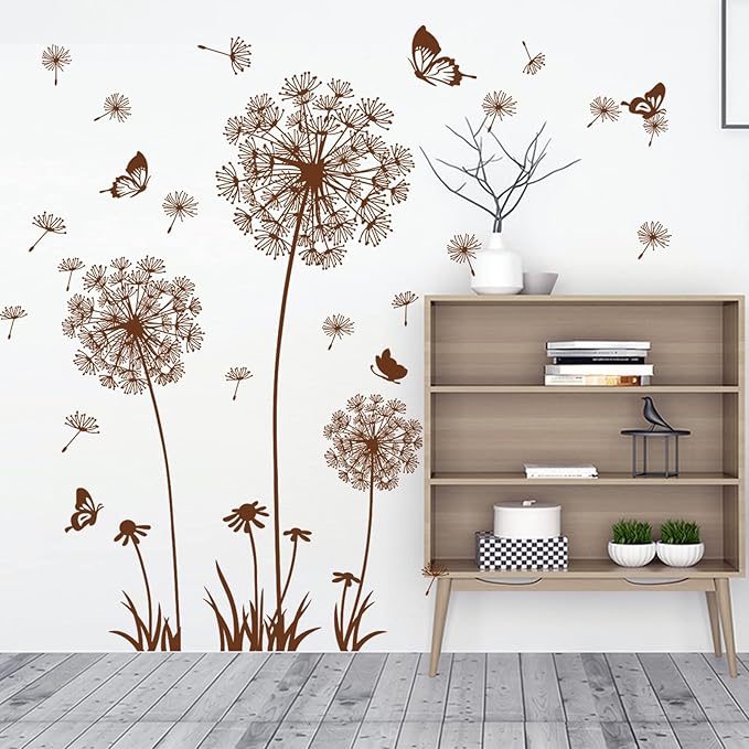 2 Sheets Dandelion Wildflower Wall Decals Art, Wall Art Stickers Peel and Stick Floral Butterflies Flying Decor for Girls Kids Women Baby Nursery Living Room Bedroom Bathroom Hallway Stairwell (Brown)