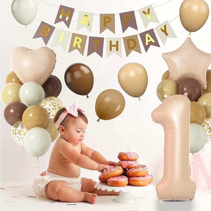 Brown Neutral 1st Birthday Decorations for Boys and Girls, Brown Beige Cream Balloons with 40 Inch Number 1 Foil Balloons Birthday Banner for 1 Year Old Boho Baby Shower Boho Party Decor