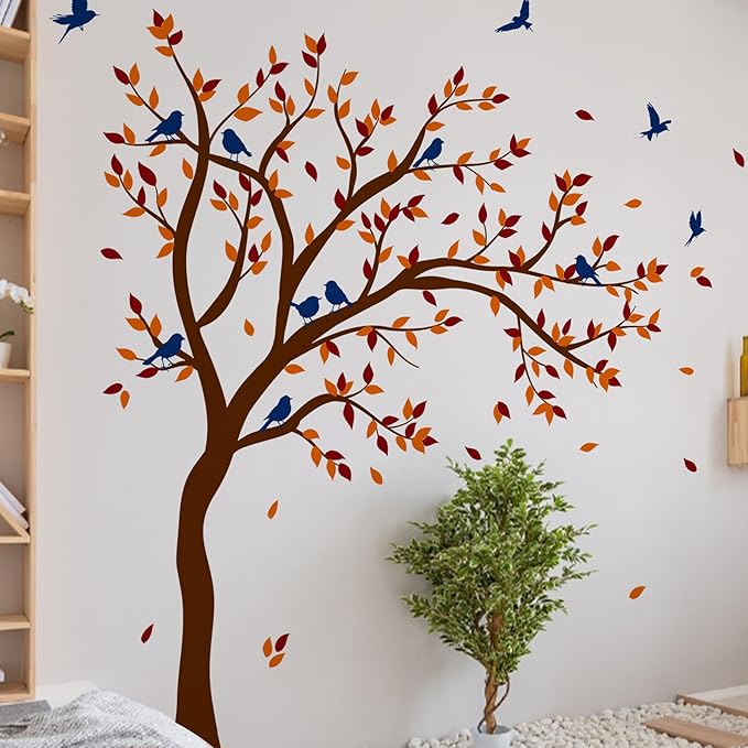 Large Tree Wall Decals,Autumn Nursery Tree Wall Sticker Decors,Peel and Stick Autumn Theme Art Decals for Kids Bedroom Nursery Playroom Library Living Room and Bedroom Decoration