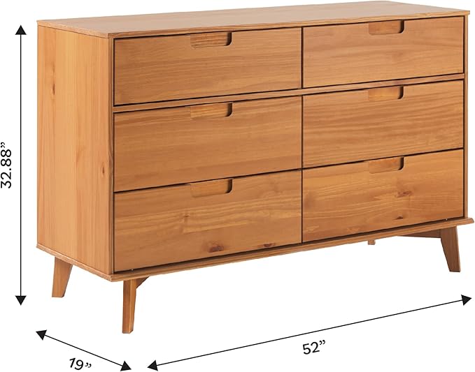 Walker Edison Sloane 6-Drawer Groove Handle Solid Wood Dresser, 52 Inch, Caramel