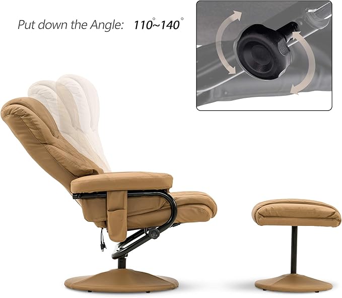 MCombo Recliner with Ottoman, Reclining Chair with Massage, 360 Swivel Living Room Chair Faux Leather, 4901 (Cognac)