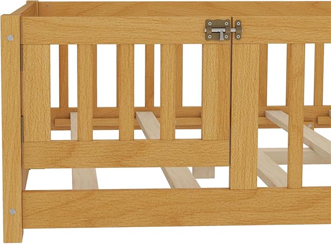 Bellemave Full Size Montessori Floor Bed Frame with Rails & Door, Solid Wood Kids Floor Bed Full with Removable Slats, Low Profile Montessori Bed for Children’s Sleep & Play, Natural