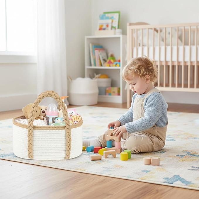 Baby Diaper Caddy, Portable Diaper Organizer for Changing Table, Car Travel Baby Shower Gifts Newborn Essentials, Cotton Rope Nursery Storage Basket for Boys Girls (White＆Khaki)