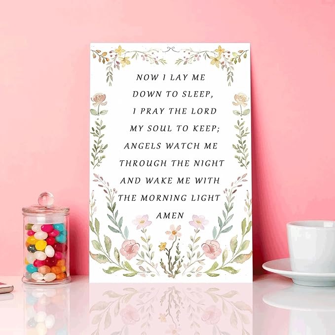 Nursery Bedtime Prayer Baby Room Now I Lay Me Down to Sleep Wildflower Canvas Wall Art Christian Child's Prayer Print Bible Verse Painting Home Decor Baptism Gifts for Girl Framed 8 * 12 inch