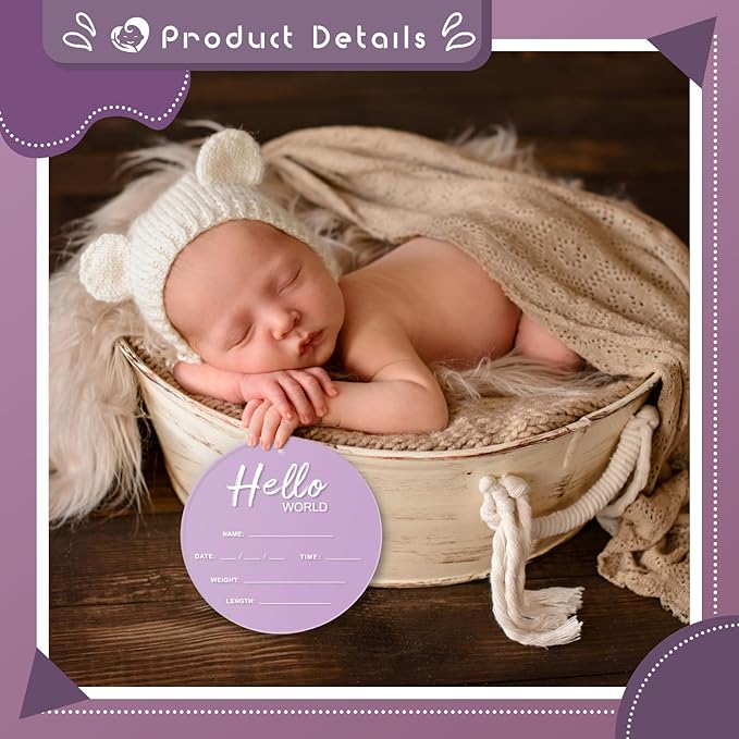 Baby Announcement Sign, 6.7 Inch Hello World Newborn Sign, Thickness Upgrade Birth Announcement Sign for Hospital, Nursery Baby Shower (Purple)
