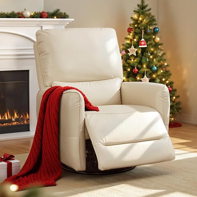 MCombo Power Swivel Rocker Recliner with Lumbar Support, Faux Leather Electric Nursery Glider Recliner Chair for Living Room, 6922 (Cream White)