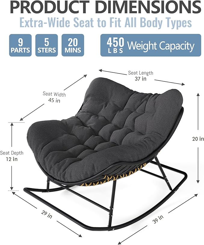 SWITTE Outdoor Papasan Rocking Chair, Oversized Egg Lounge Chair with Thick Cushion, Supports 450 lbs, Comfy Rocker for Patio, Balcony, Porch, or Indoor Living Room-Dark Grey